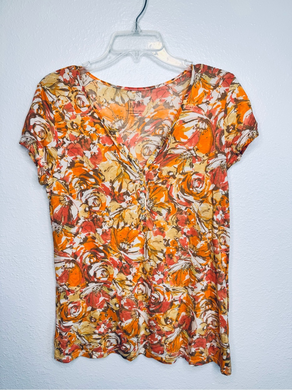 J. Jill Floral Orange Yellow V Neck Top T Shirt Henley Featherweight sz S